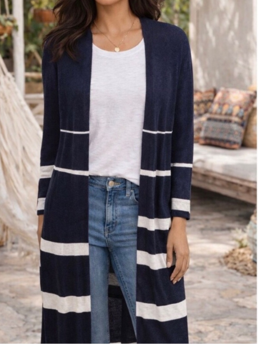 Chico's Navy and White Striped Open-Front Duster Cardigan Linen Blend Sz 2 Large